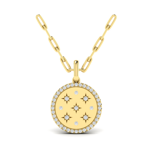 Yellow 14 karat diamond halo pendant necklace