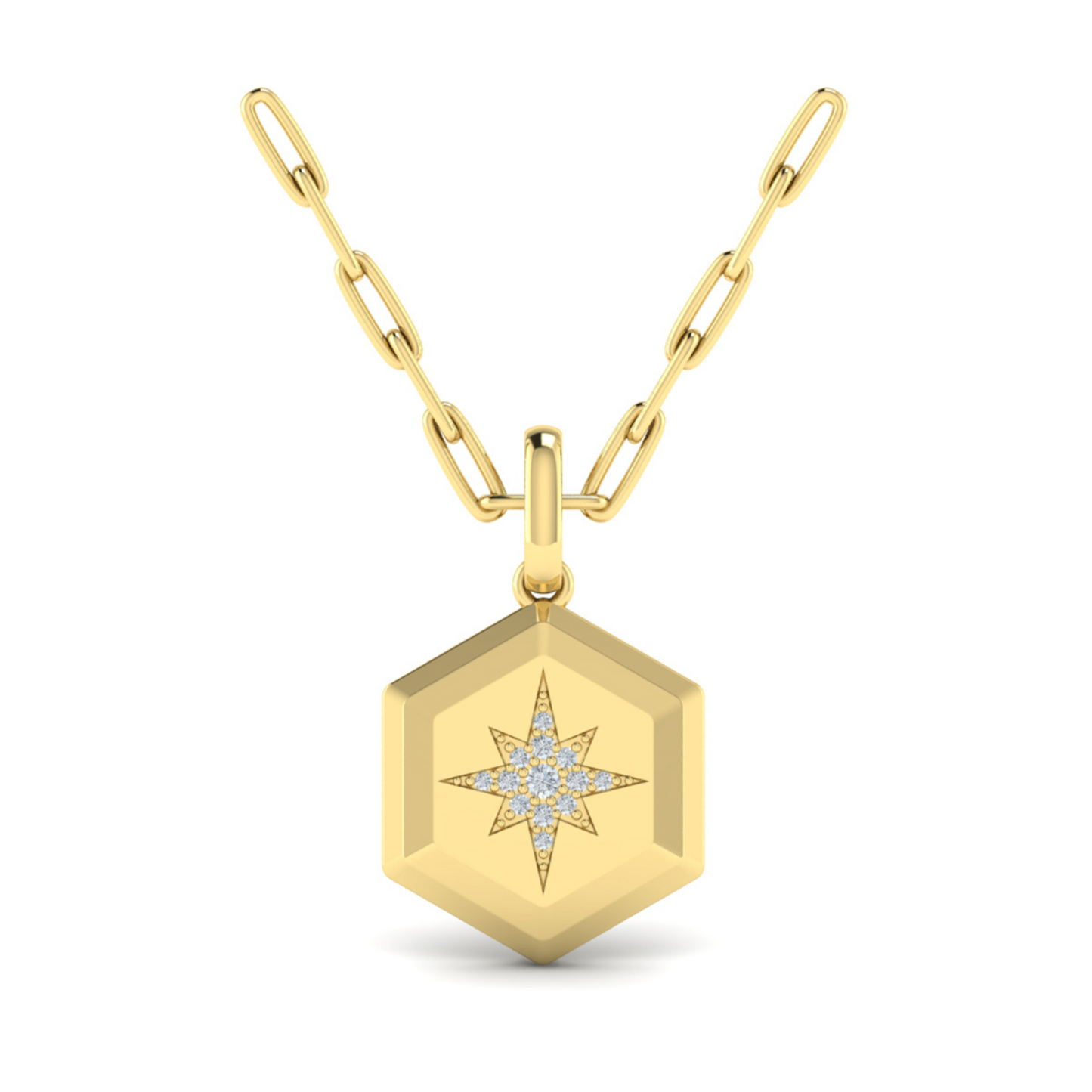 Yellow 14 karat diamond bezel starburst pendant necklace