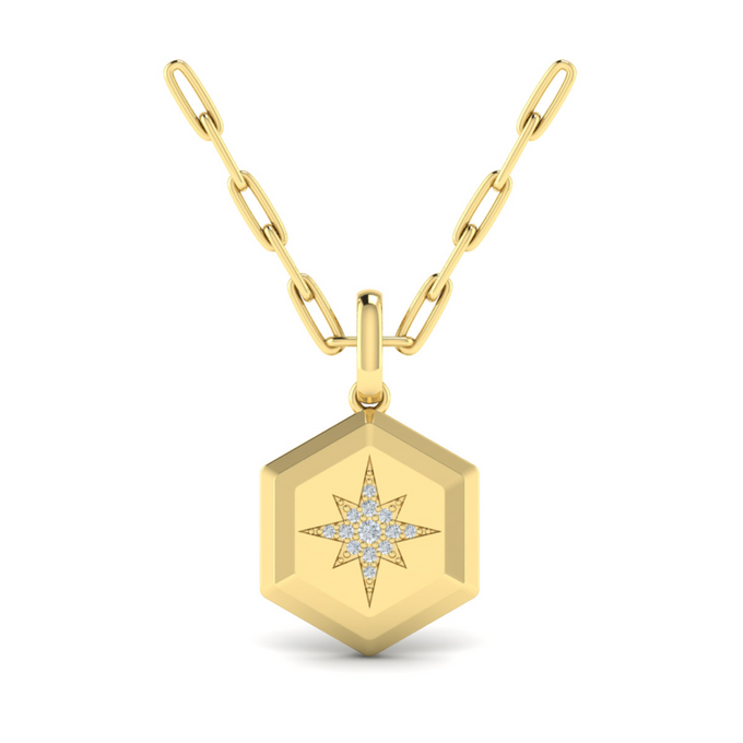 Yellow 14 karat diamond bezel starburst pendant necklace