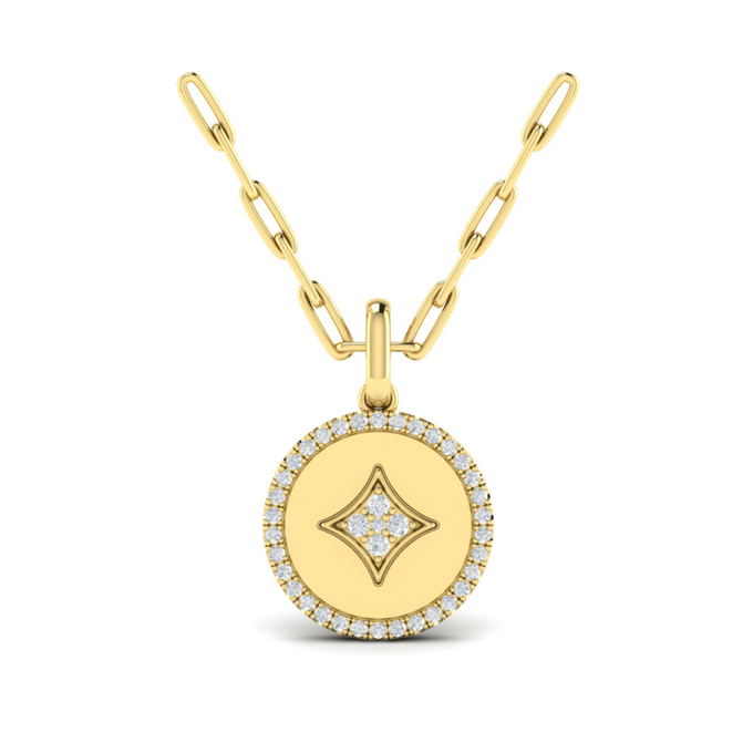 Yellow 14 karat diamond bezel pendant with halo design