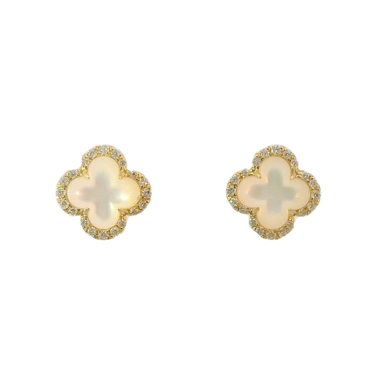 Yellow 14k Mother Of Pearl Quatrefoil Diamond Studs