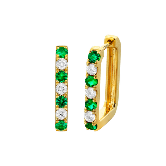 Rectangular Emerald and Diamond Hoop 18k Yellow Gold Hoops