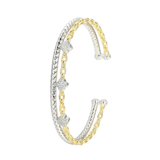 Two Tone Sterling Silver Two Row Cuff Bracelet with Cubic Zirconias