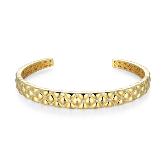 Sterling Silver Gold Plated Quilted Cuff Bracelet with Cubic Zirconias