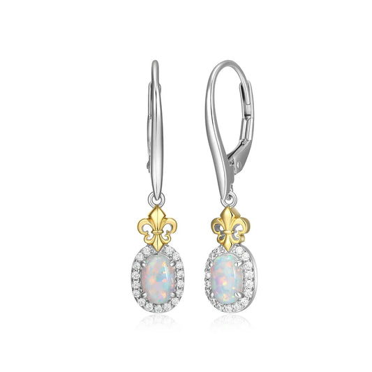 Two Tone Sterling Silver Halo Drop Earrings with Opal and Cubic Zirconias