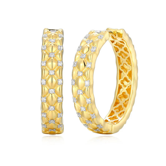 Sterling Silver Gold Plated Quilted Hoop Earrings with Cubic Zirconias