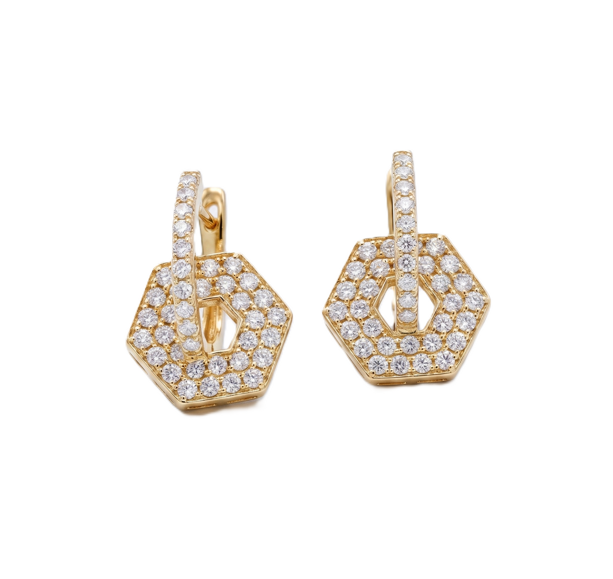 18 Karat Pave Diamond Hoop With Hexagon Pave Diamond Drop Earrings