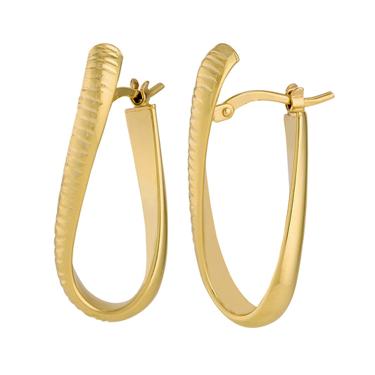 14 Karat Yellow Gold Oval Twist Diamond Cut Hinged Back Hoop Earrings