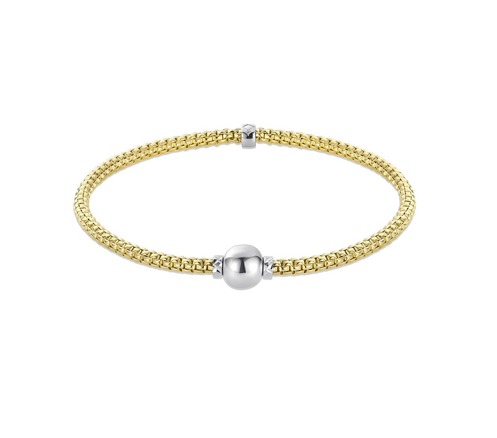 14 Karat Yellow Gold Italian Round Woven Stretch W/ White Gold Ball Bracelet