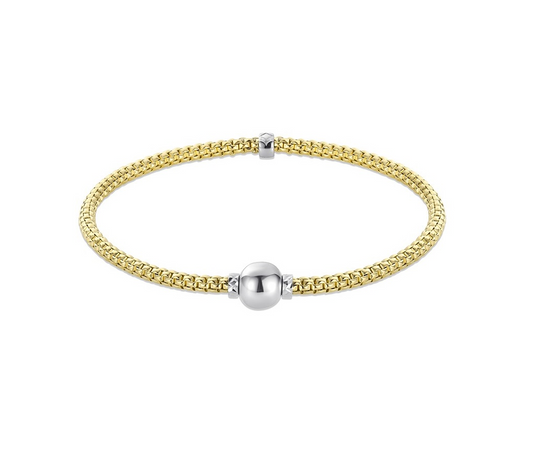 14 Karat Yellow Gold Italian Round Woven Stretch W/ White Gold Ball Bracelet