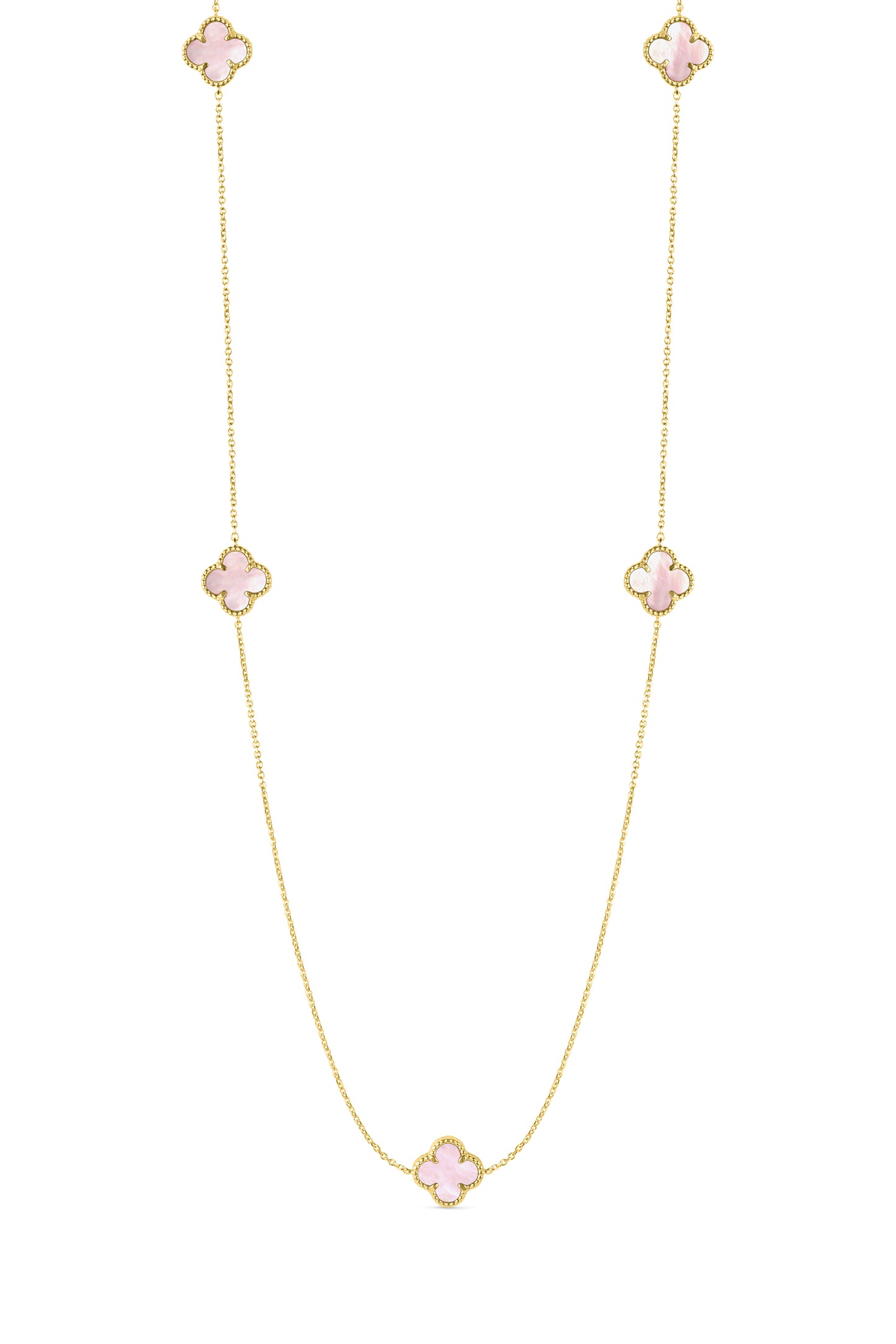 14 Karat Yellow Gold Pink Mop Quatrefoil Station Necklace