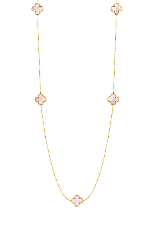 14 Karat Yellow Gold Pink Mop Quatrefoil Station Necklace