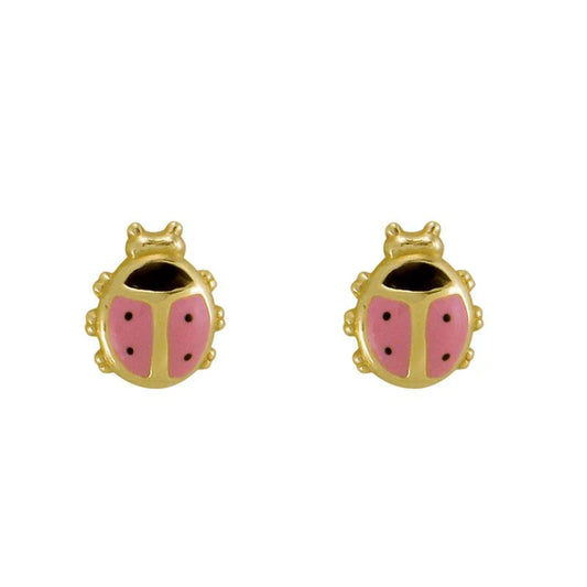 14 Karat Yellow Gold Children's Pink Enamel Ladybug Stud Earrings