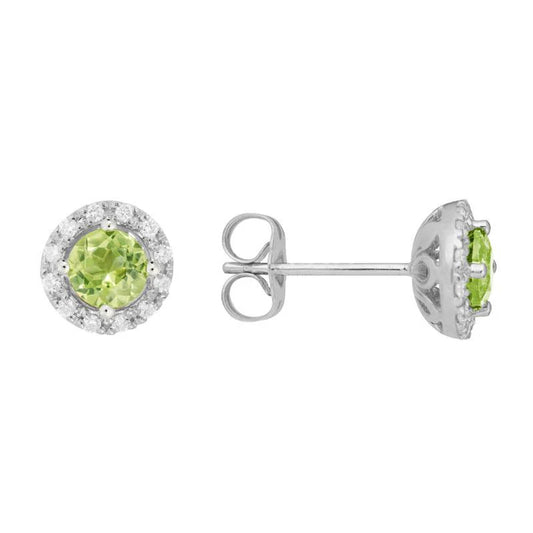 14K White Gold Diamond Halo Stud Earrings With Peridot