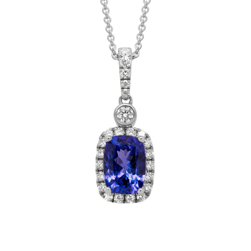 14 Karat White Gold One-Of-A-Kind Tanzanite Diamond Halo Pendant