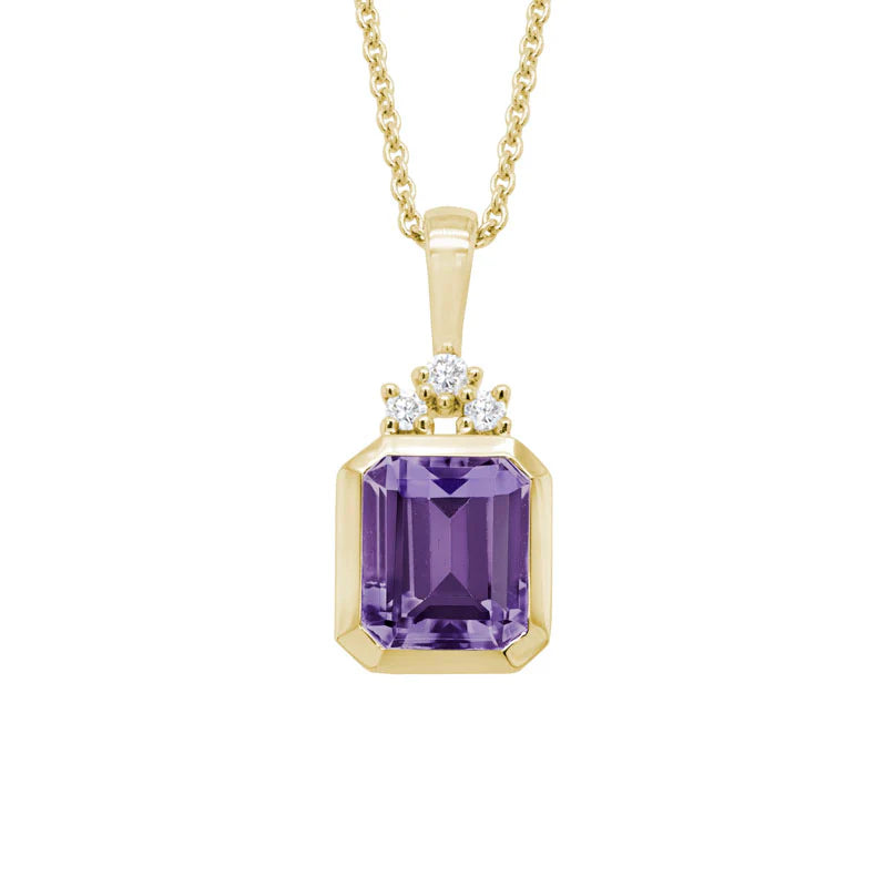 14 Karat Yellow Gold Amethyst and Diamond Bezel Pendant
