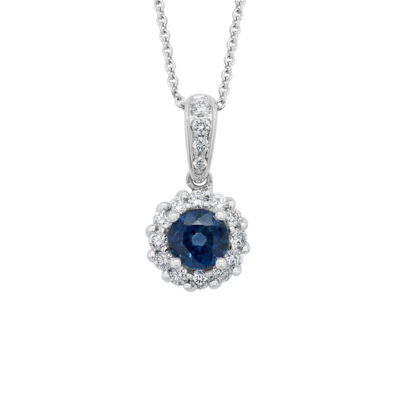 14 Karat White Gold Sapphire and Diamond Halo Pendant
