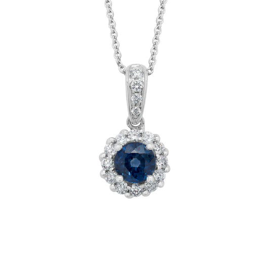 14 Karat White Gold Sapphire and Diamond Halo Pendant