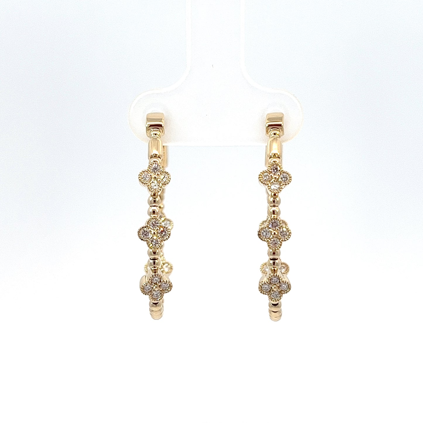 14 Karat Yellow Gold 5 Station Quatrefoil Diamond Hoop Earrings