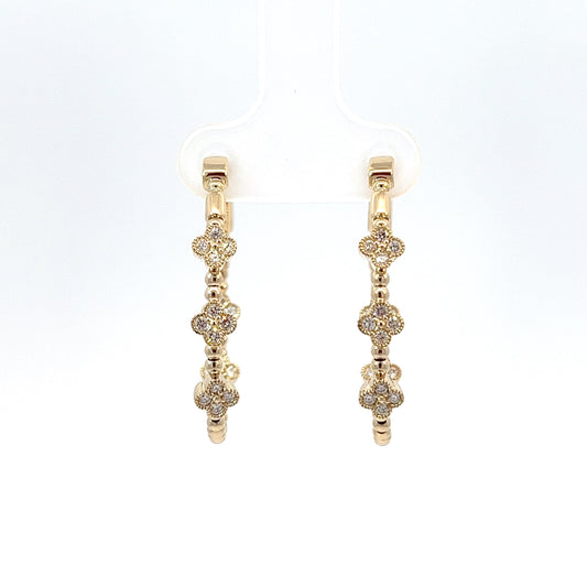 14 Karat Yellow Gold 5 Station Quatrefoil Diamond Hoop Earrings