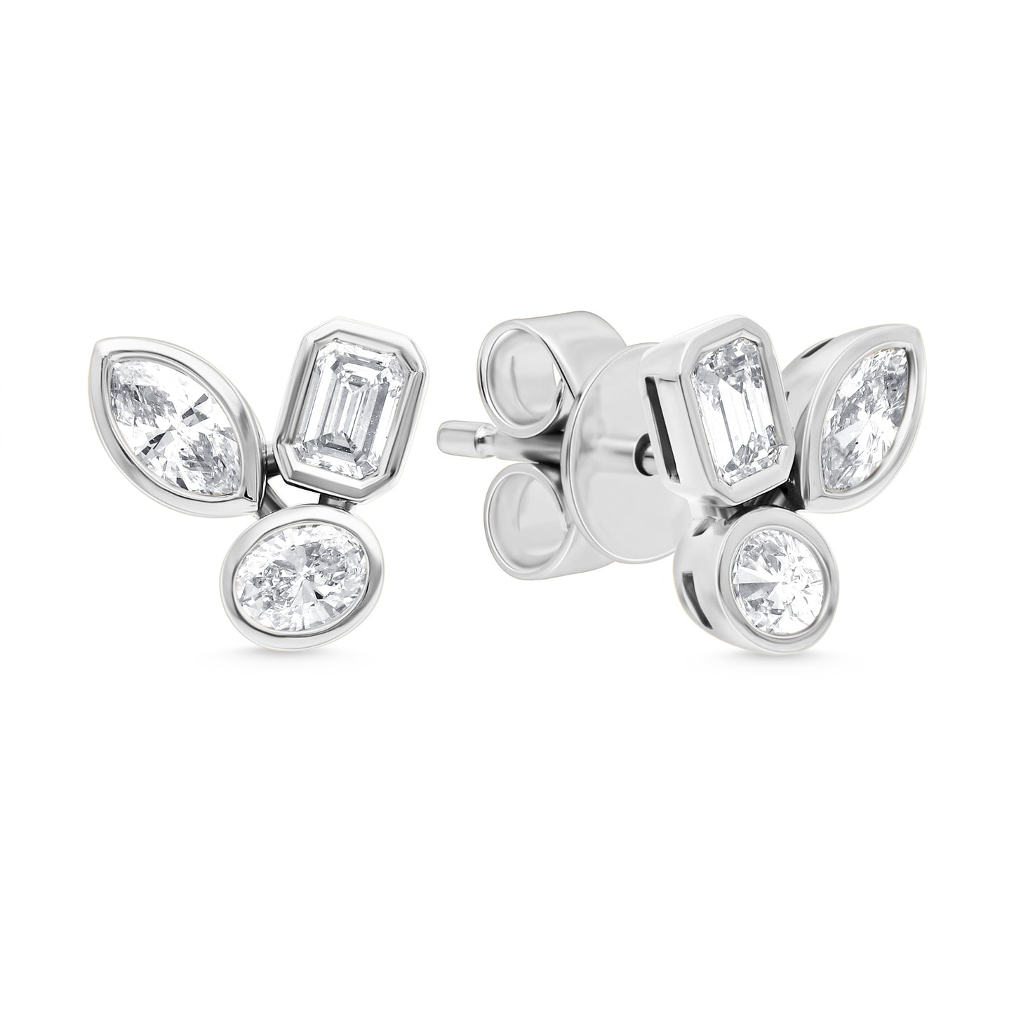 14 Karat White Gold Diamond Bezel Cluster Earrings