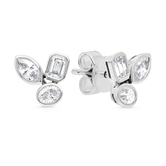 14 Karat White Gold Diamond Bezel Cluster Earrings