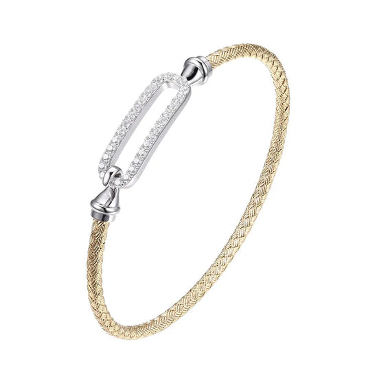 Two Tone Sterling Silver Mesh Hook Bangle Bracelet with Cubic Zirconias