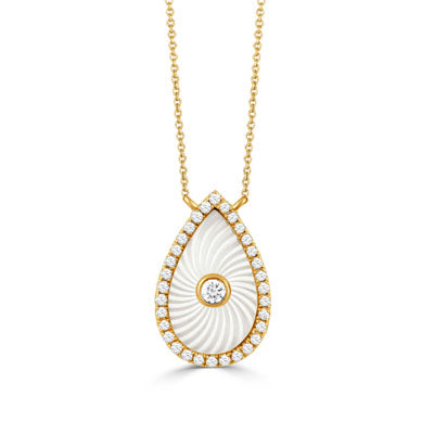 18 Karat Pear Shaped Mother of Pearl With Diamonds Necklace
