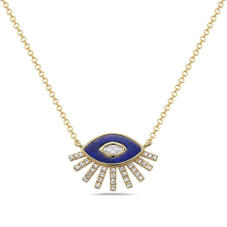 14 Karat Yellow Gold Diamond and Lapis Evil Eye Necklace