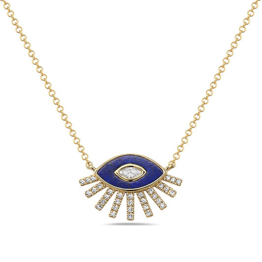 14 Karat Yellow Gold Diamond and Lapis Evil Eye Necklace