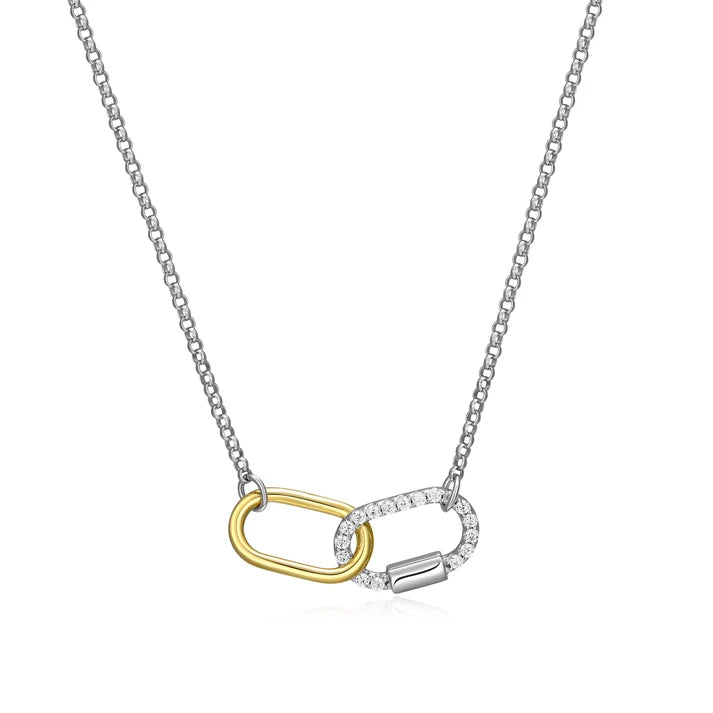 Two Tone Sterling Silver Rhodium/Gold Plated Interlocking Link With CZs Necklace