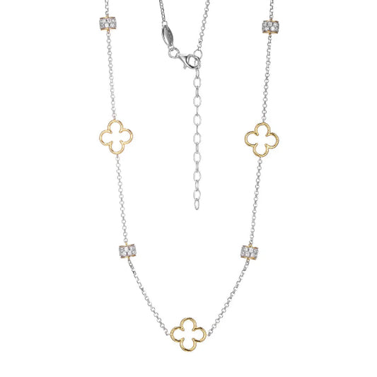 Two Tone Sterling Silver Clover Rondelles Necklace with Cubic Zirconias