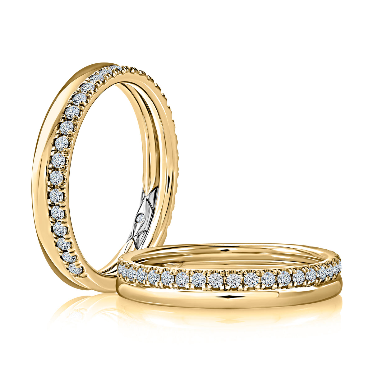 18K Two Row Polished And Pave Diamond Wedding Band