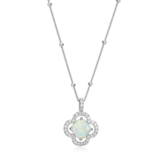 Sterling Silver Flower Lab Created Opal and Cubic Zirconia Pendant