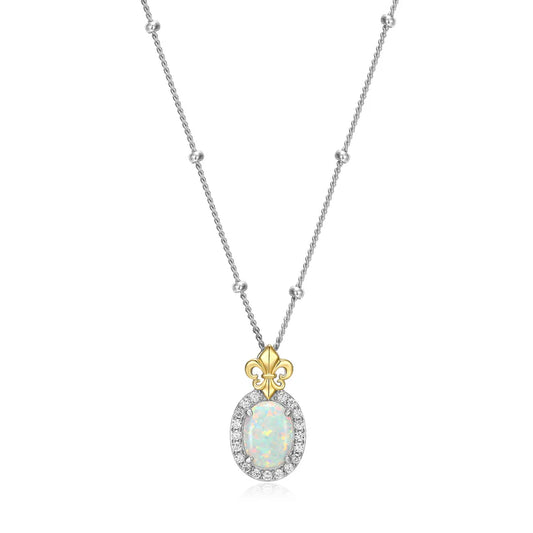 Two Tone Sterling Silver Lab Created Opal and Cubic Zirconia Necklace
