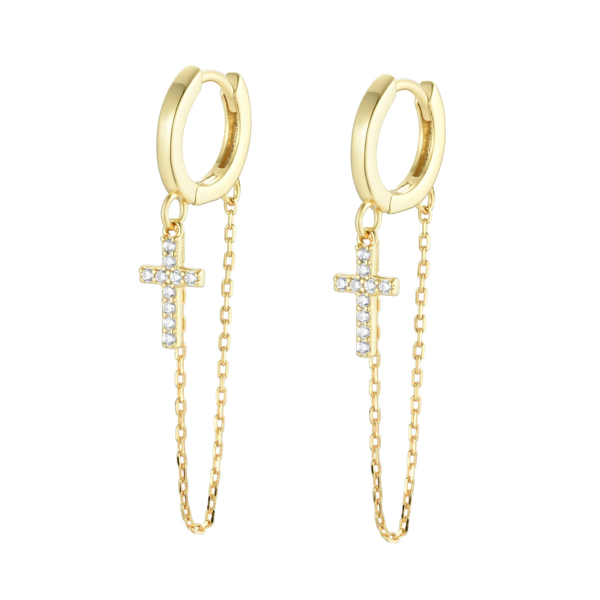 Sterling Silver Gold Plated Cross Dangle With Chain Earrings