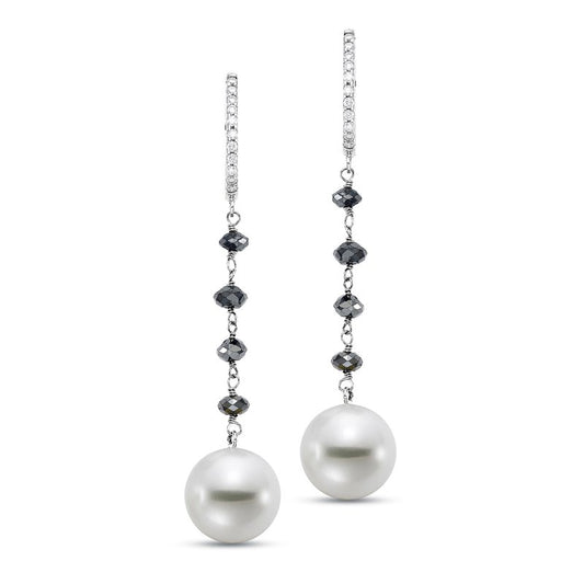 Lady's White 18 Karat Drop Diamond and Pearl Earrings