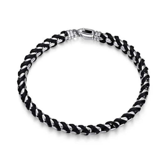 Sterling Silver Round Box Link with Black Leather Bracelet