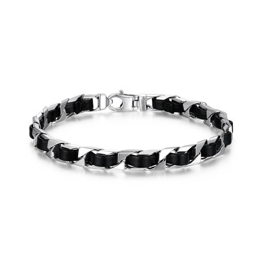 Sterling Silver Curb Chain with Black Leather Bracelet