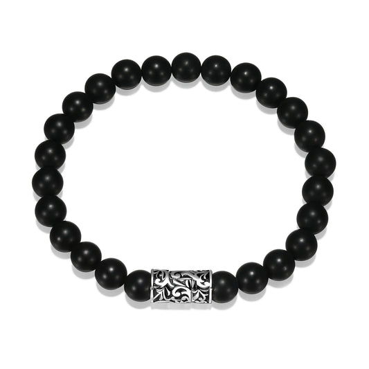 Sterling Silver Beaded 8mm Black Agate Bracelet