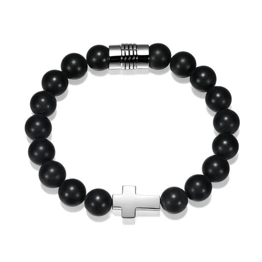 Sterling Silver Beaded 8mm Black Agate with Cross Bracelet