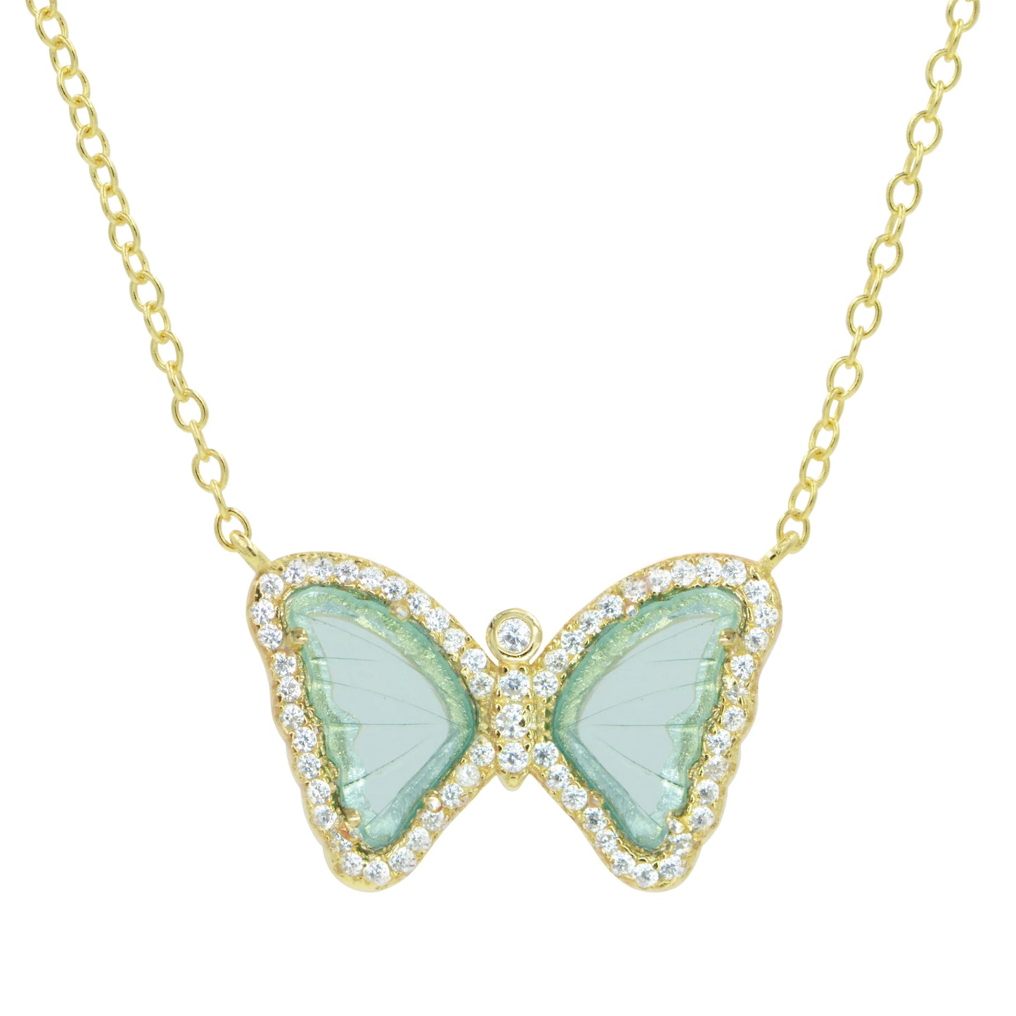 Yellow Sterling Silver Gold Plated Aqua Green Glass/Crystal Stationary Butterfly Necklace