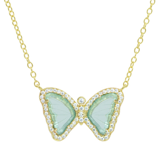 Yellow Sterling Silver Gold Plated Aqua Green Glass/Crystal Stationary Butterfly Necklace