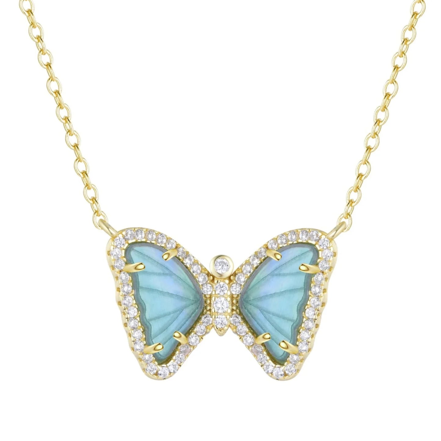 Yellow Sterling Silver Aquamarine/Mother-of-Pearl And Crystal Butterfly Necklace