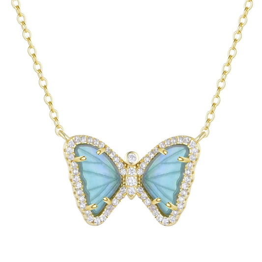 Yellow Sterling Silver Aquamarine/Mother-of-Pearl And Crystal Butterfly Necklace