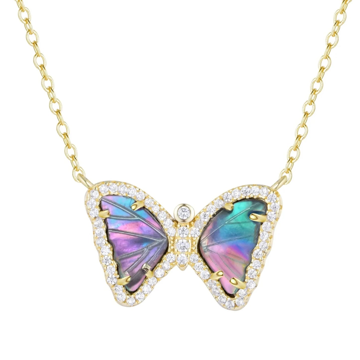 Yellow Sterling Silver Dark Iridescent Mother-of-Pearl/Crystal Mini Butterfly Necklace