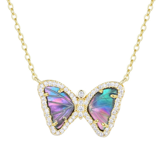 Yellow Sterling Silver Dark Iridescent Mother-of-Pearl/Crystal Mini Butterfly Necklace