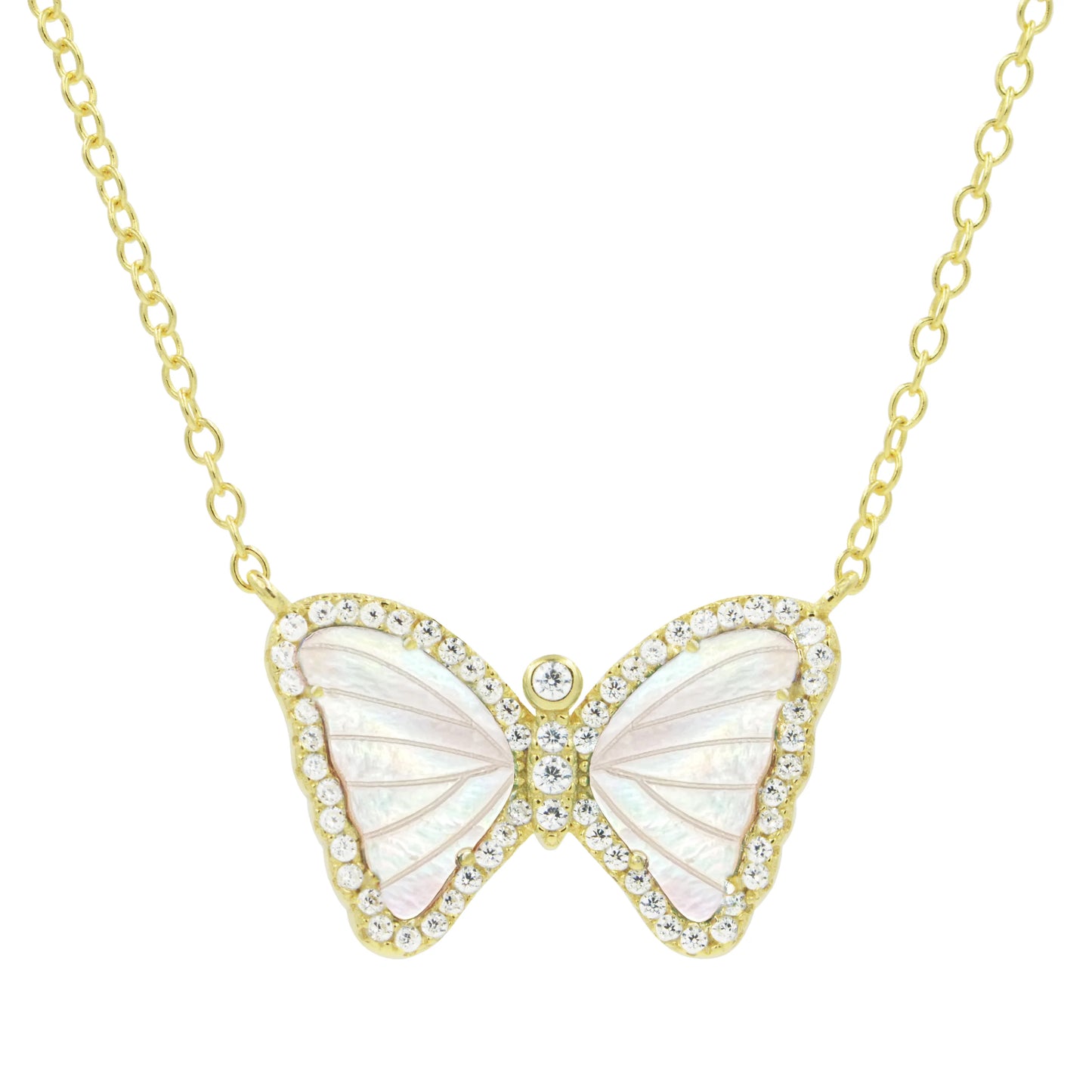 Yellow Sterling Silver Gold Plated Mother of Pearl/Crystal Butterfly Necklace