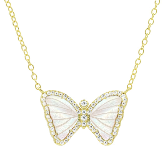 Yellow Sterling Silver Gold Plated Mother of Pearl/Crystal Butterfly Necklace