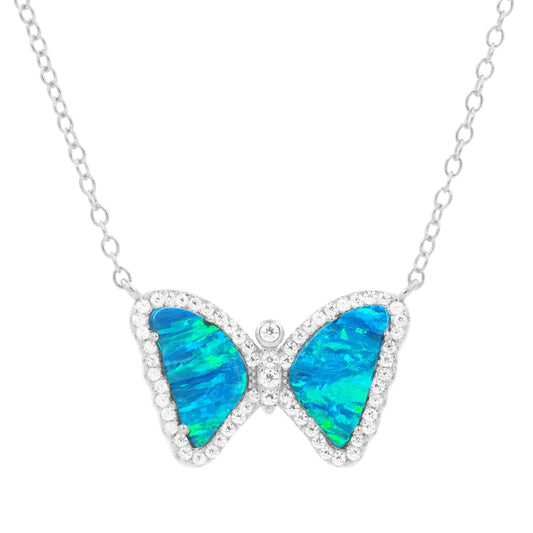 Sterling Silver Plated White Blue-Green Butterfly with Crystal Halo Necklace